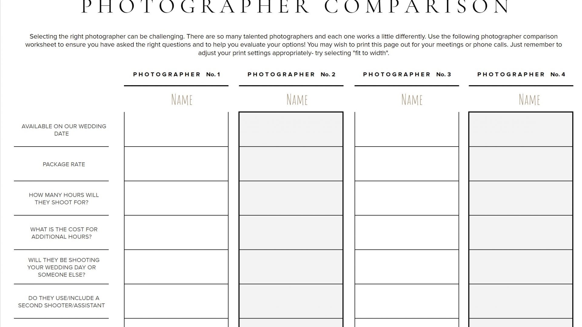 PHOTOGRAPHER comparison